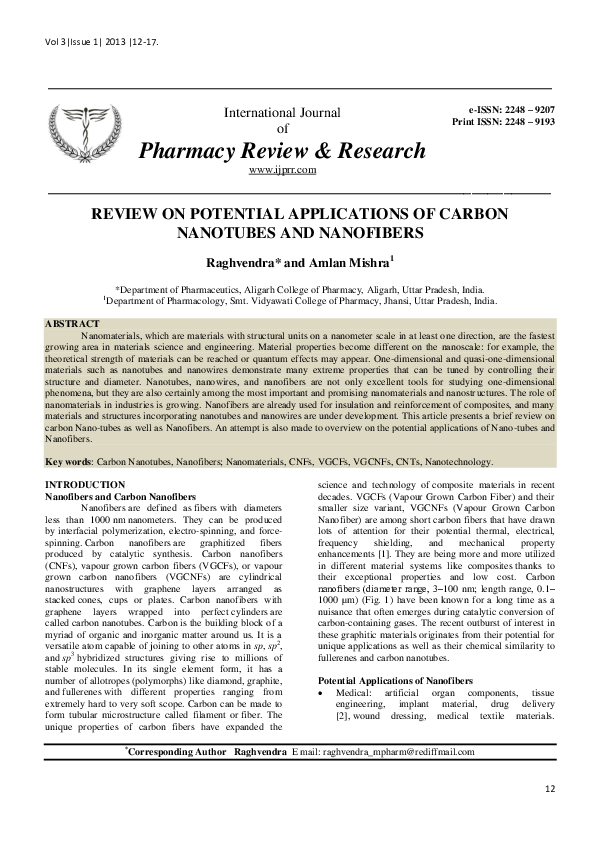 (PDF) Review on Potential Applications of Carbon Nanotubes and Nanofibers