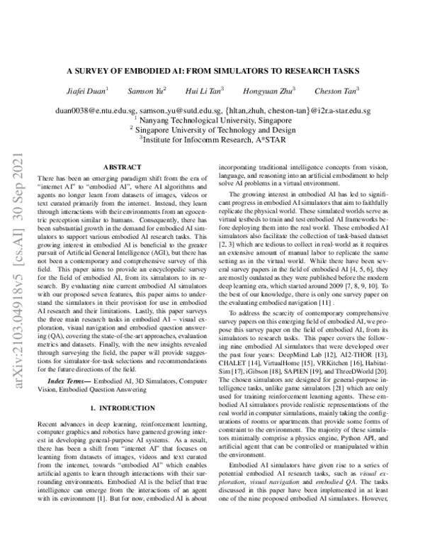 (PDF) A Survey of Embodied AI: From Simulators to Research Tasks
