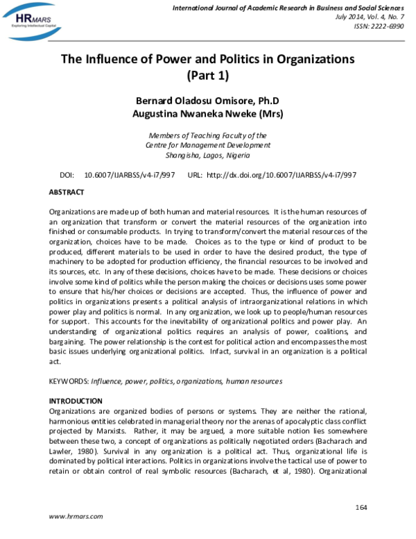 (PDF) The Influence of Power and Politics in Organizations (Part 1)
