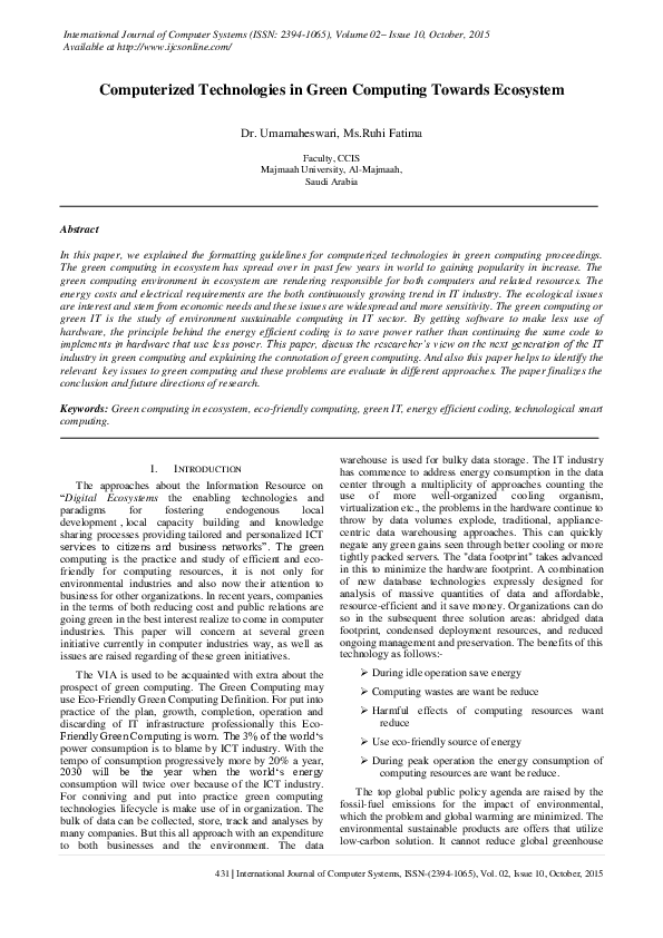 (PDF) Computerized Technologies in Green Computing Towards Ecosystem
