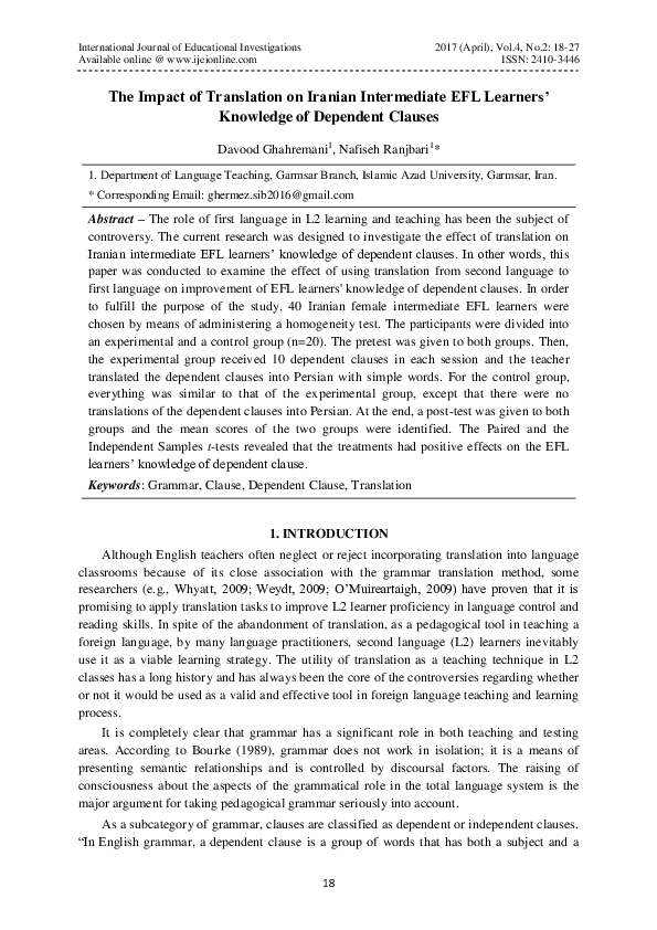 (PDF) The Impact of Translation on Iranian Intermediate EFL Learners ...