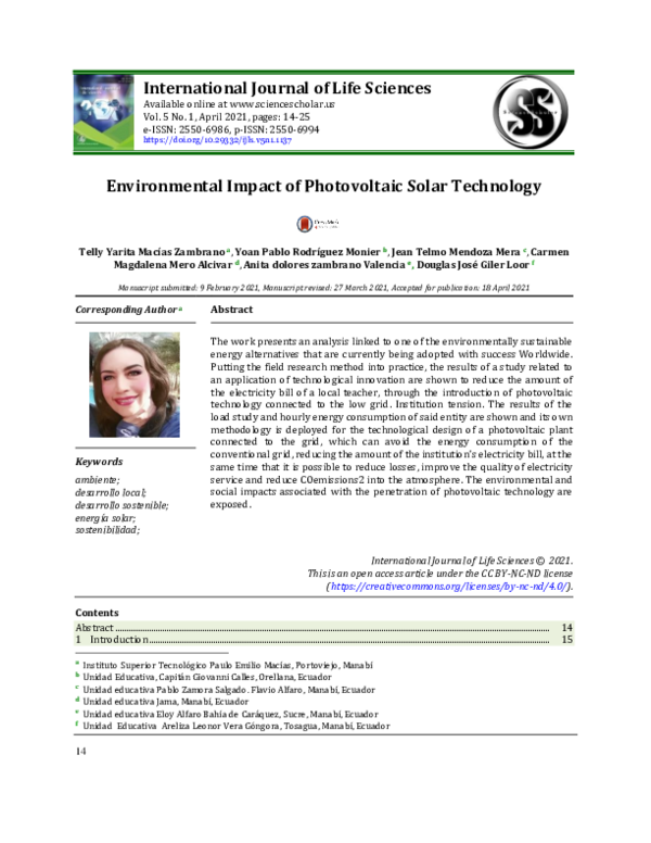 (PDF) Environmental impact of photovoltaic solar technology