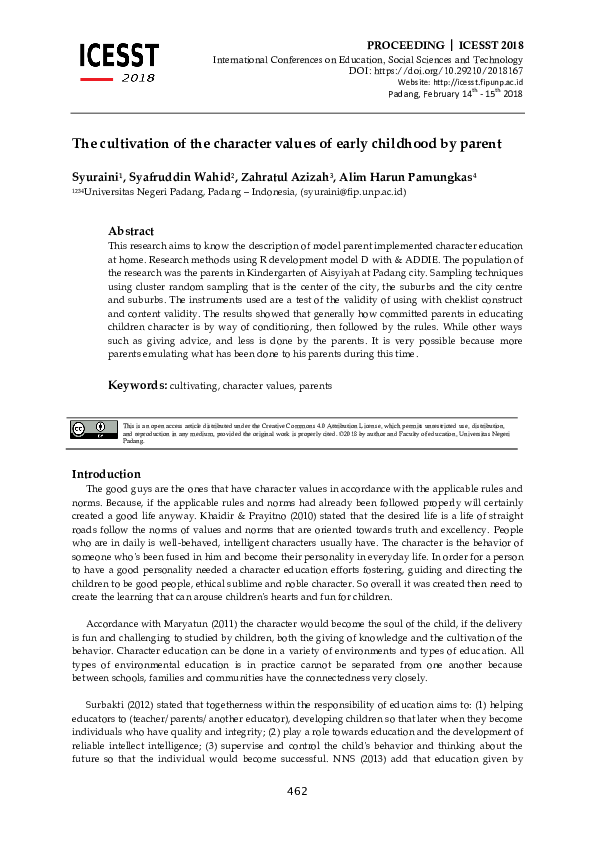 (PDF) The cultivation of the character values of early childhood by parent