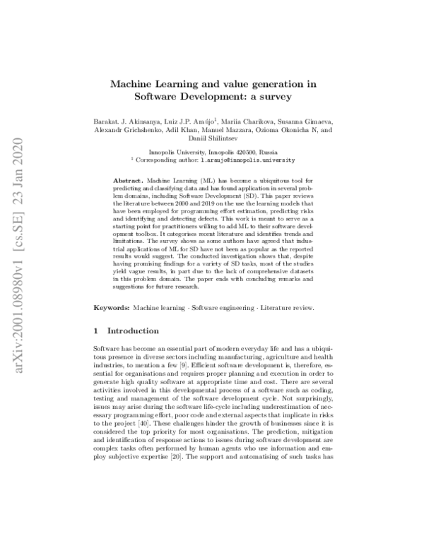 (PDF) Machine Learning and value generation in Software Development: a ...