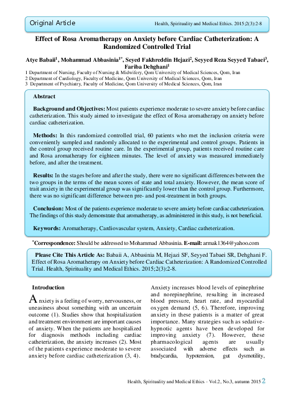 (PDF) Effect of Rosa aromatherapy on anxiety before cardiac ...