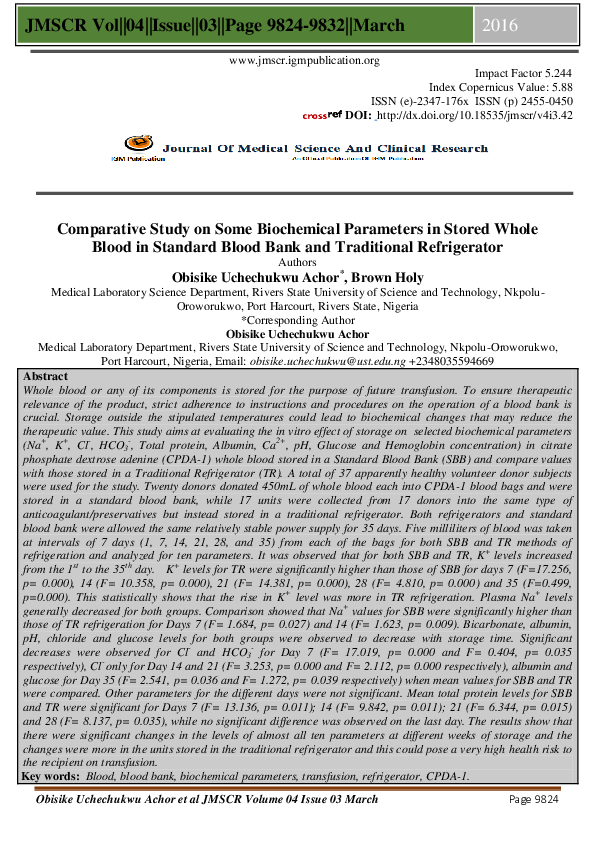 (PDF) Comparative Study on Some Biochemical Parameters in Stored Whole ...