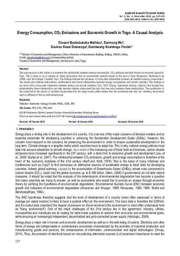 (PDF) Energy Consumption, CO2 Emissions and Economic Growth in Togo: A ...