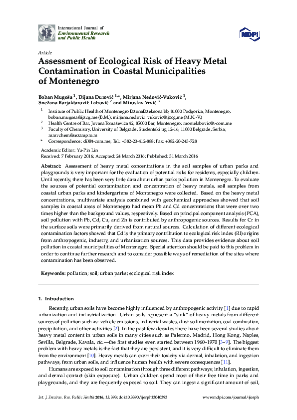 (PDF) Assessment of Ecological Risk of Heavy Metal Contamination in ...