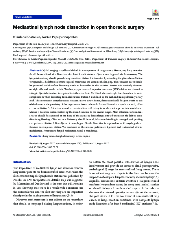(PDF) Mediastinal lymph node dissection in open thoracic surgery