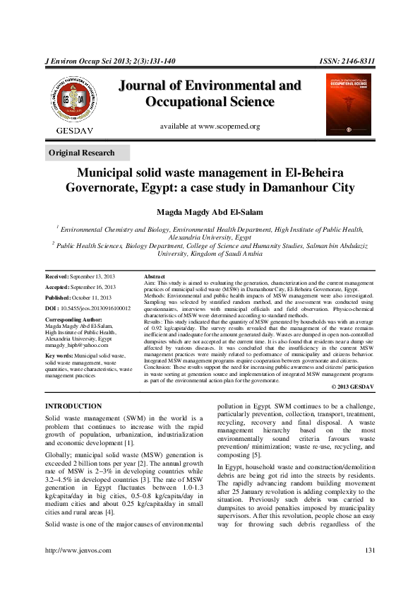 (PDF) Municipal Solid Waste Management in El-Beheira Governorate, Egypt ...