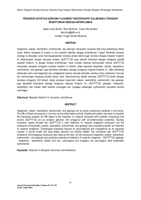 (PDF) Dinata Pengaruh Aktivitas Senyawa Flavonoid Yang Terdapat Dalam Madu Terhadap Reseptor