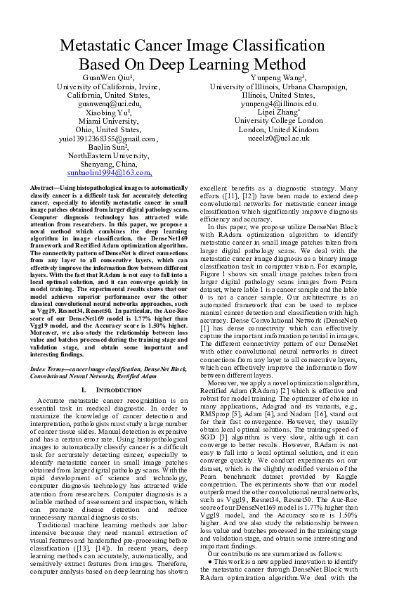 (PDF) Metastatic Cancer Image Classification Based On Deep Learning Method