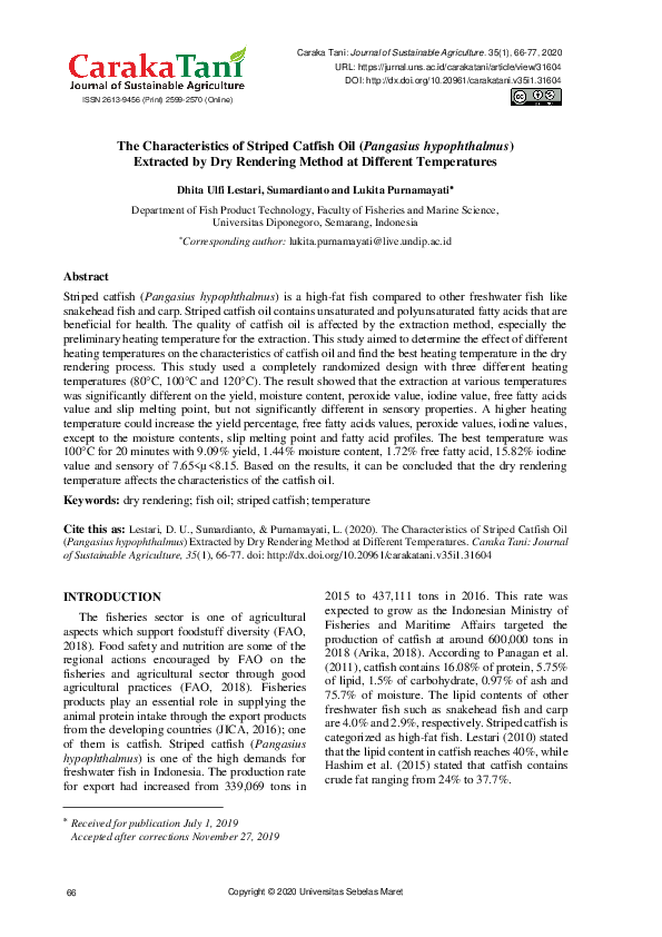 (PDF) The Characteristics of Striped Catfish Oil (Pangasius ...