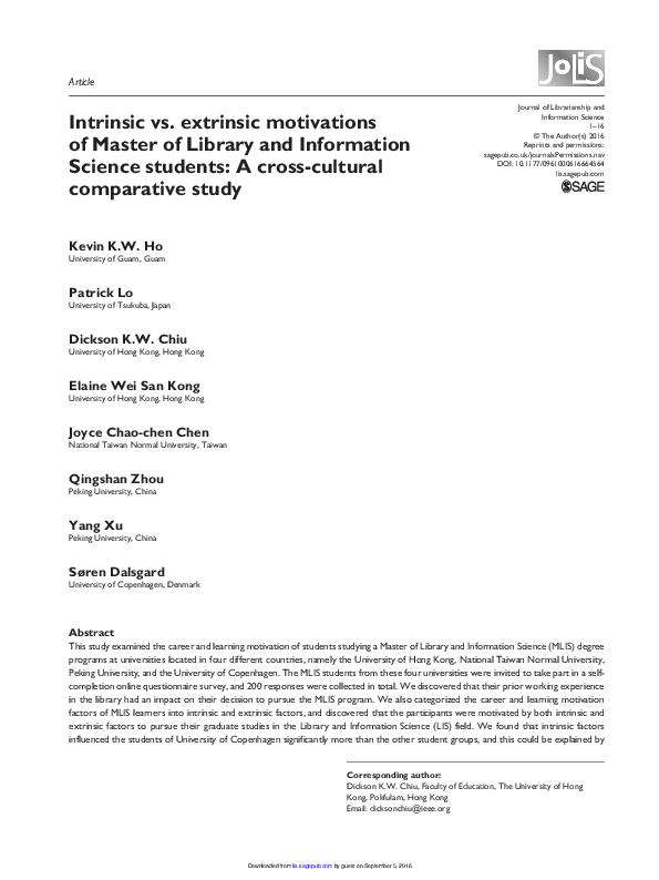 (PDF) Intrinsic vs. extrinsic motivations of Master of Library and ...