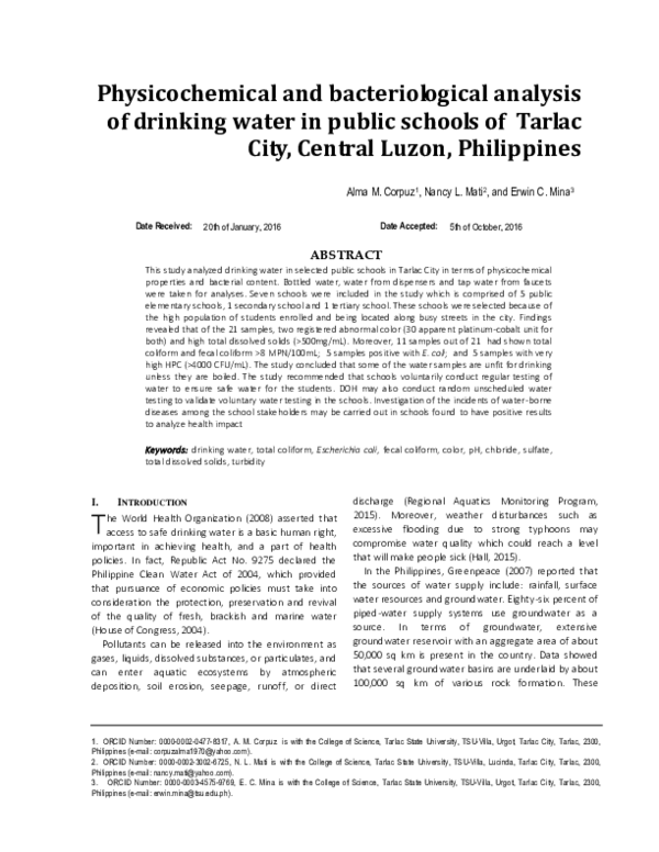 (PDF) Physicochemical and bacteriological analysis of drinking water in ...