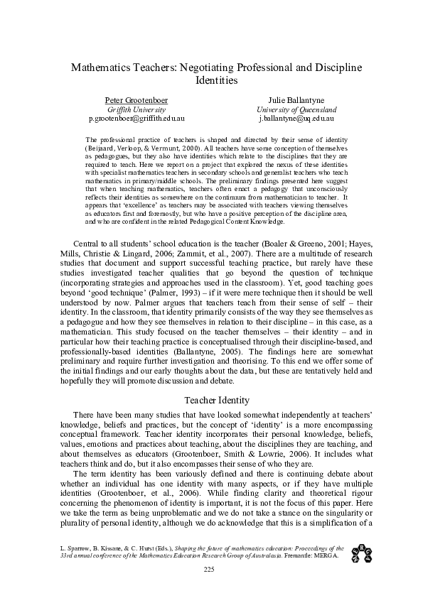 (PDF) Mathematics Teachers: Negotiating Professional and Discipline ...