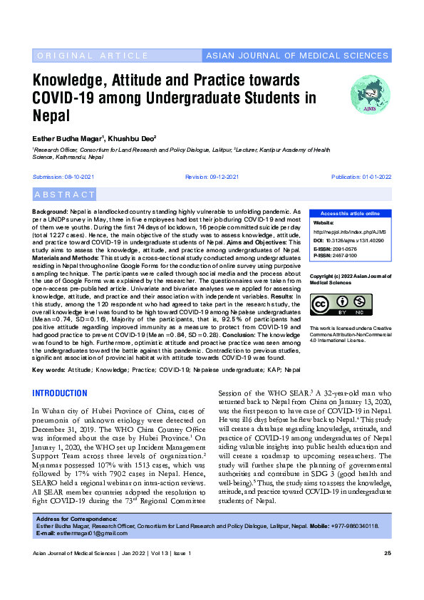 (PDF) Knowledge, Attitude and Practice towards COVID-19 among ...