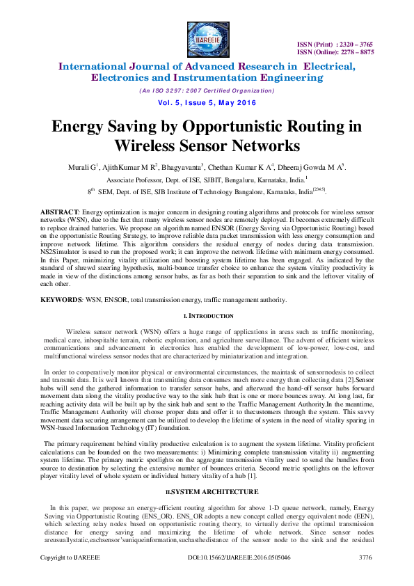 (PDF) Energy Saving by Opportunistic Routing in Wireless Sensor Networks