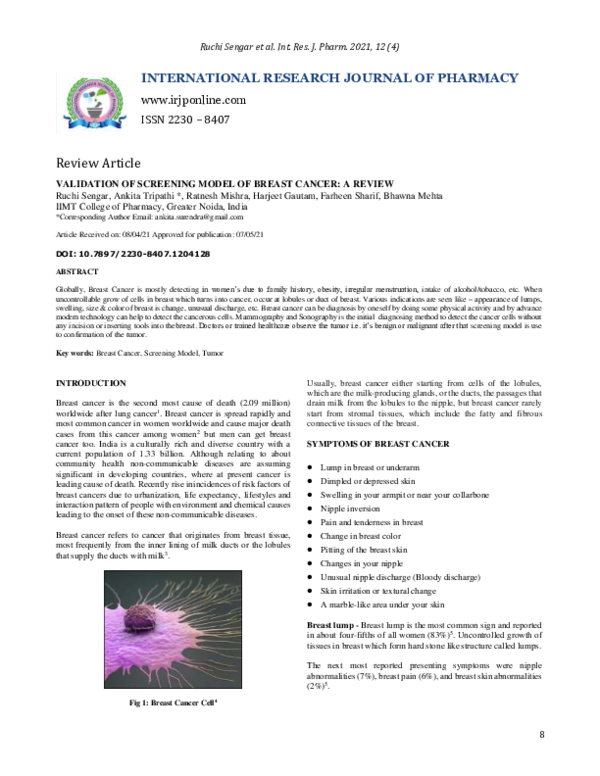 (PDF) Validation of Screening Model of Breast Cancer: A Review