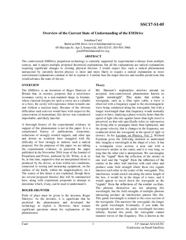 (PDF) Overview of the Current State of Understanding of the EMDrive