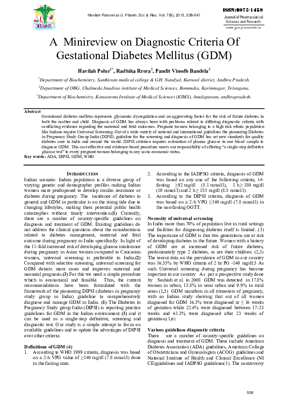 (PDF) A Minireview on Diagnostic Criteria Of Gestational Diabetes ...