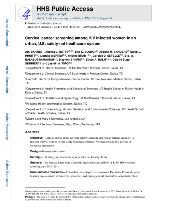 (PDF) Cervical cancer screening among HIV-infected women in an urban ...