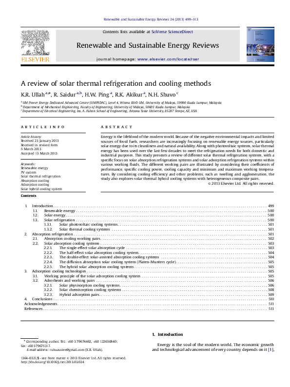 (PDF) A review of solar thermal refrigeration and cooling methods
