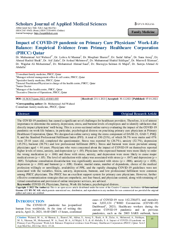 (PDF) Impact of COVID-19 pandemic on Primary Care Physicians' Work-Life ...