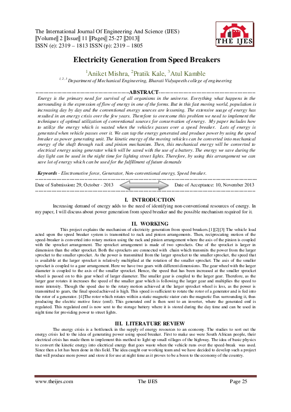 (PDF) Electricity Generation from Speed Breakers Shahroze Arif