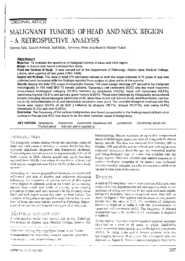 (PDF) Malignant Tumors of Head and Neck Region-A Retrospective Analysis