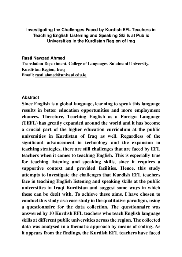 (PDF) Investigating the Challenges Faced by Kurdish EFL Teachers in ...