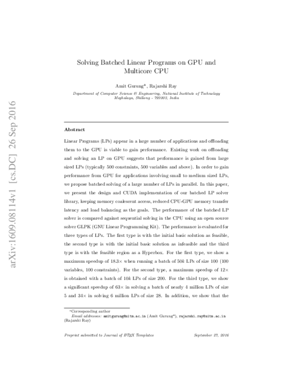 (PDF) Solving Batched Linear Programs on GPU and Multicore CPU