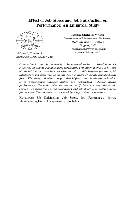 (PDF) Effect of Job Stress and Job Satisfaction on Performance: An ...