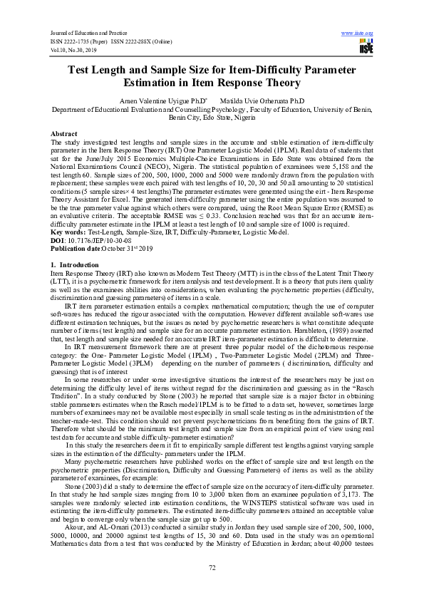(PDF) Test Length and Sample Size for Item-Difficulty Parameter ...