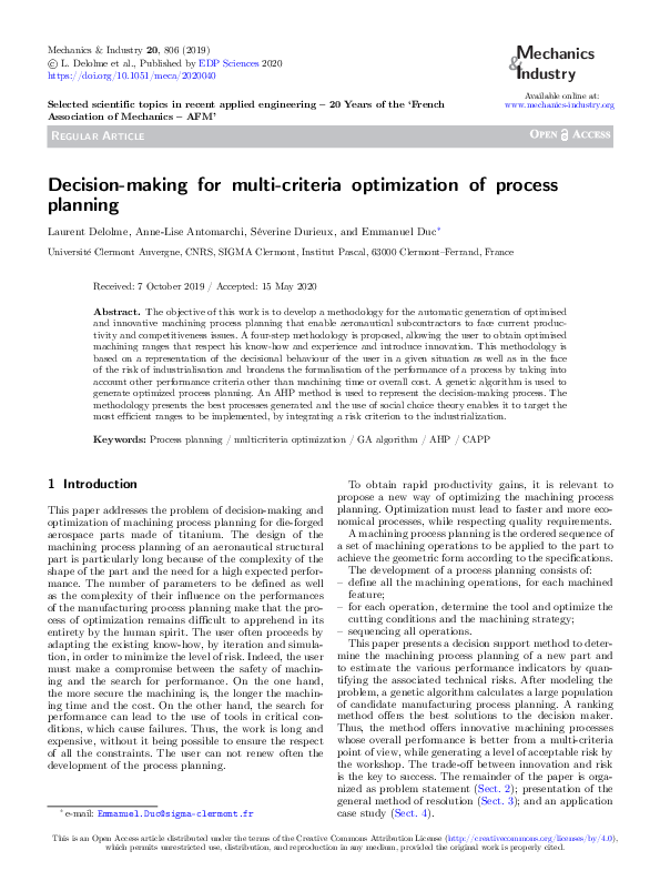 (PDF) Decision-making for multi-criteria optimization of process planning