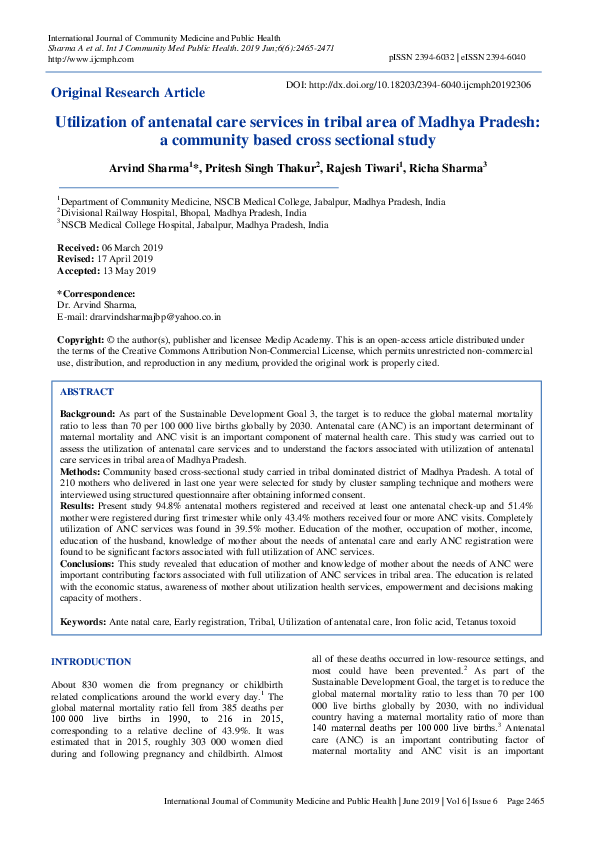 (PDF) Utilization of antenatal care services in tribal area of Madhya ...