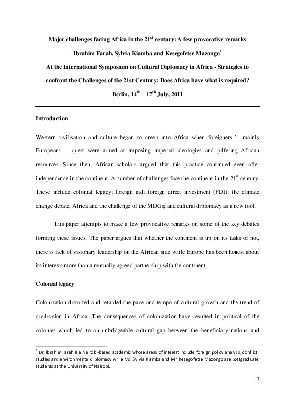 (PDF) Major challenges facing Africa in the 21 st century : A few ...