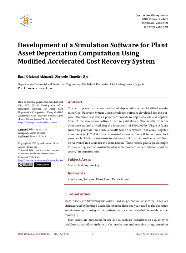 (PDF) Development of a Simulation Software for Plant Asset Depreciation
