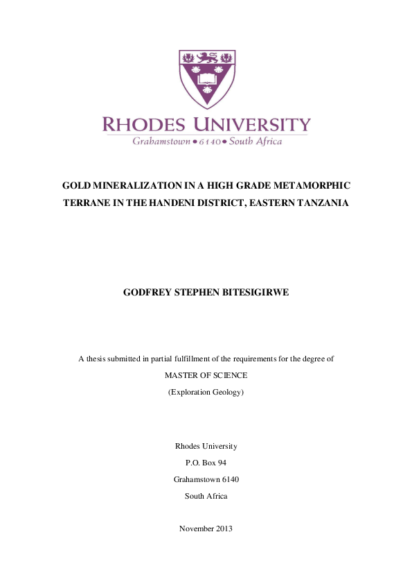 (PDF) Gold mineralization in a high grade metamorphic terrane in the ...