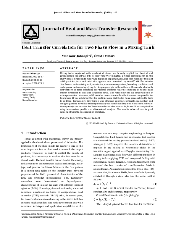 (PDF) Heat Transfer Correlation for Two Phase Flow in a Mixing Tank