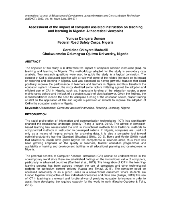 (PDF) Assessment of the Impact of Computer Assisted Instruction on ...