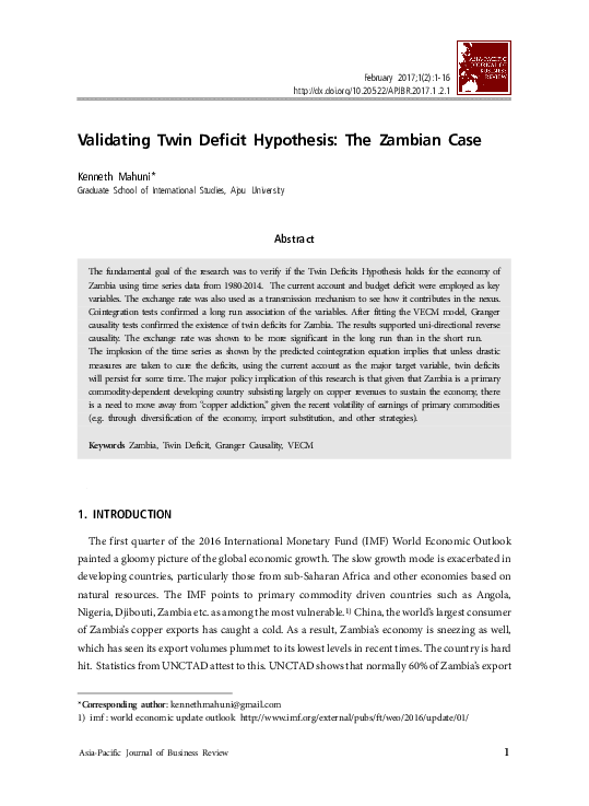 (PDF) Validating Twin Deficit Hypothesis: The Zambian Case