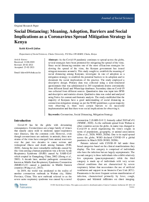 (PDF) Social Distancing; Meaning, Adoption, Barriers and Social ...