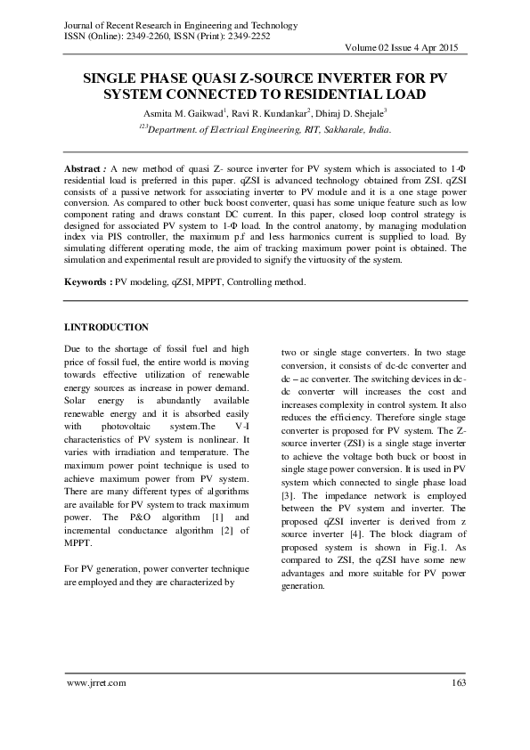(PDF) Single Phase Quasi Z-Source Inverter for PV System Connected to ...