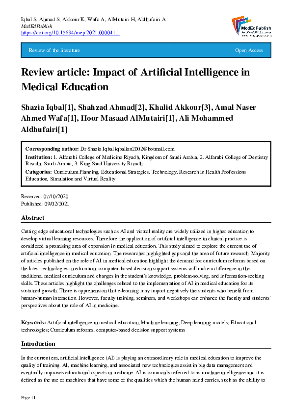 (PDF) Review article: Impact of Artificial Intelligence in Medical ...