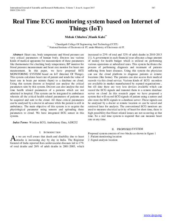 (PDF) Real Time ECG monitoring system based on Internet of Things ( IoT )