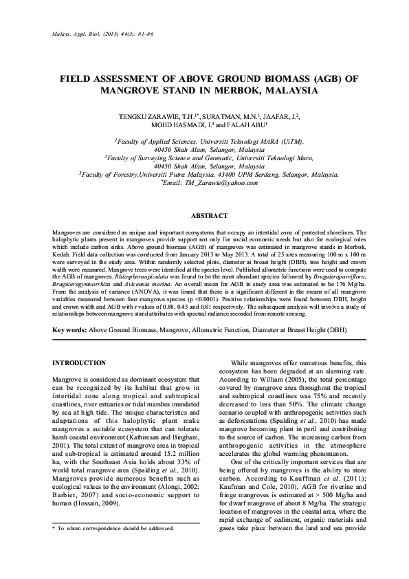 (PDF) Field assessments of above ground biomass (AGB) of mangrove stand ...