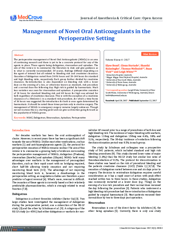 (PDF) Management of Novel Oral Anticoagulants in the Perioperative Setting