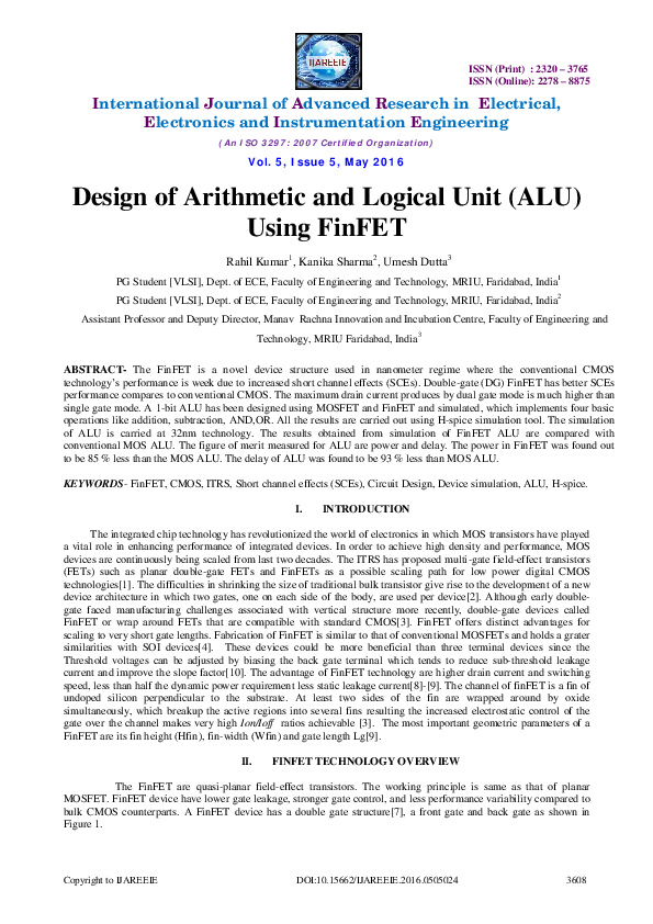 (PDF) Design of Arithmetic and Logical Unit (ALU) Using FinFET