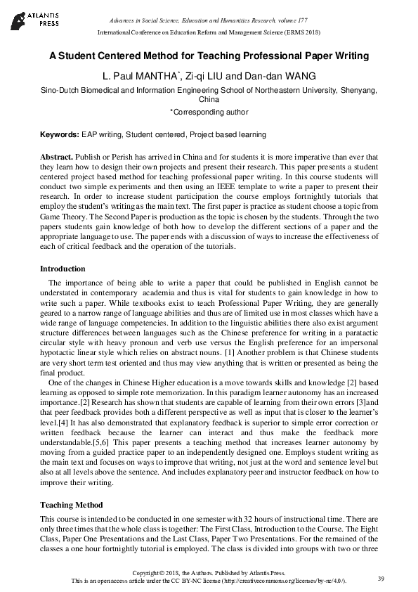 (PDF) A Student Centered Method for Teaching Professional Paper Writing